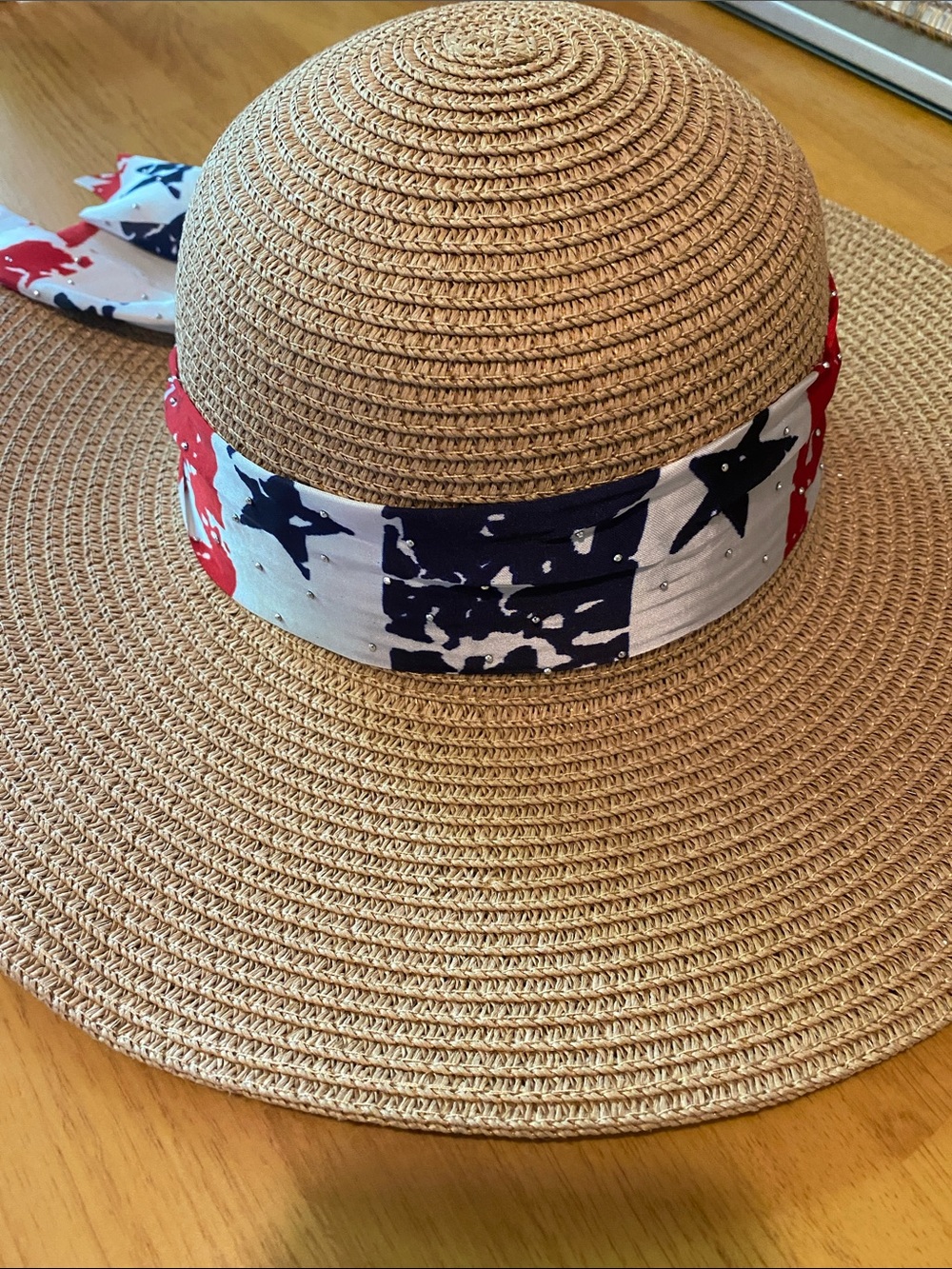 Wide-Brim Straw Sun Hat with Red, White & Blue Star Band